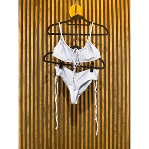 Shore Blue Bikini Set‎ Ribbed Tie String Swimsuit Beach Summer M